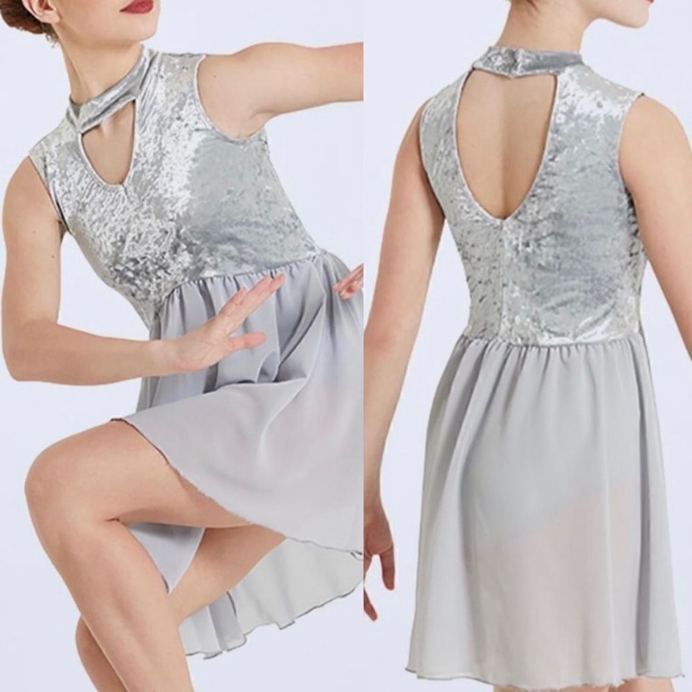 WEISSMAN Dance Costume LA LUNE 12066 gray silver velvet dress MC child MC 10/12